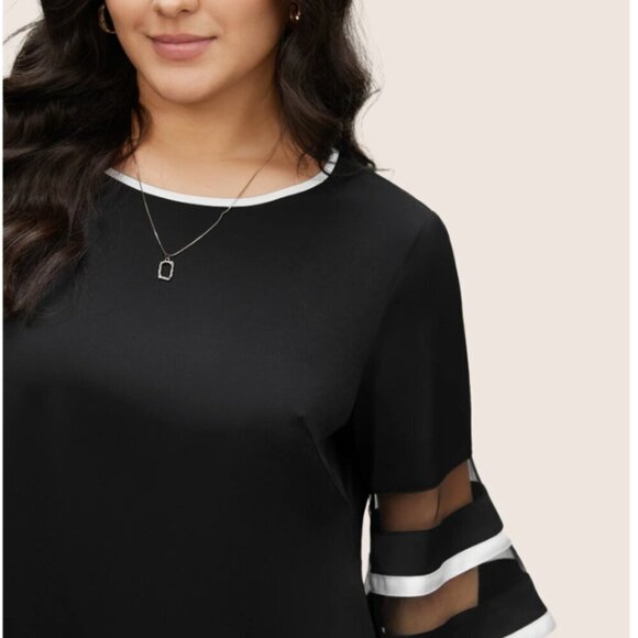 BloomChic Plus Size  Contrast Patchwork Mesh Bell Sleeve Blouse - Picture 3 of 7